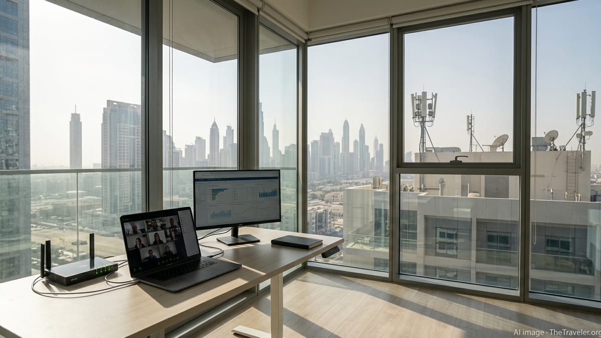 Remote worker’s apartment in Dubai with laptop and city skyline, highlighting strong UAE internet connectivity.