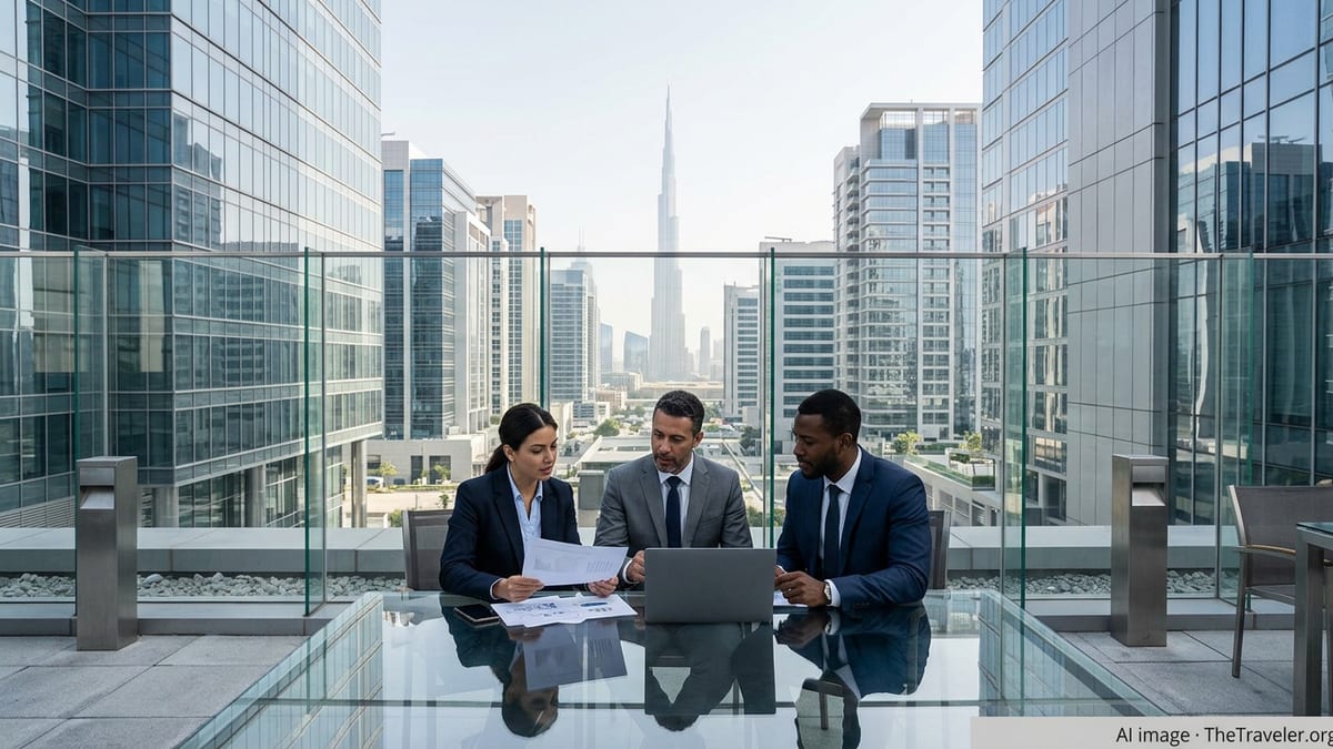Entrepreneurs meeting on a Dubai terrace overlooking modern office towers and skyline.