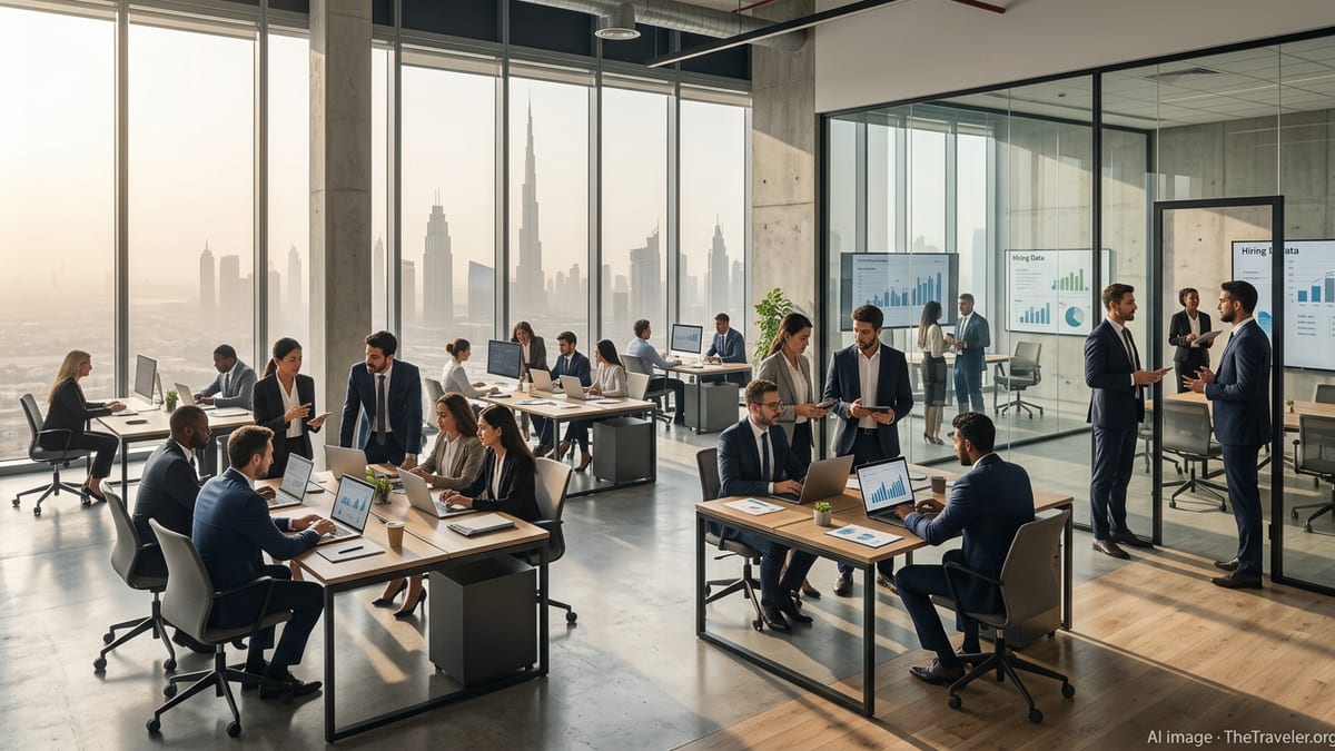 Foreign and local professionals working in a modern Dubai office with city skyline view.