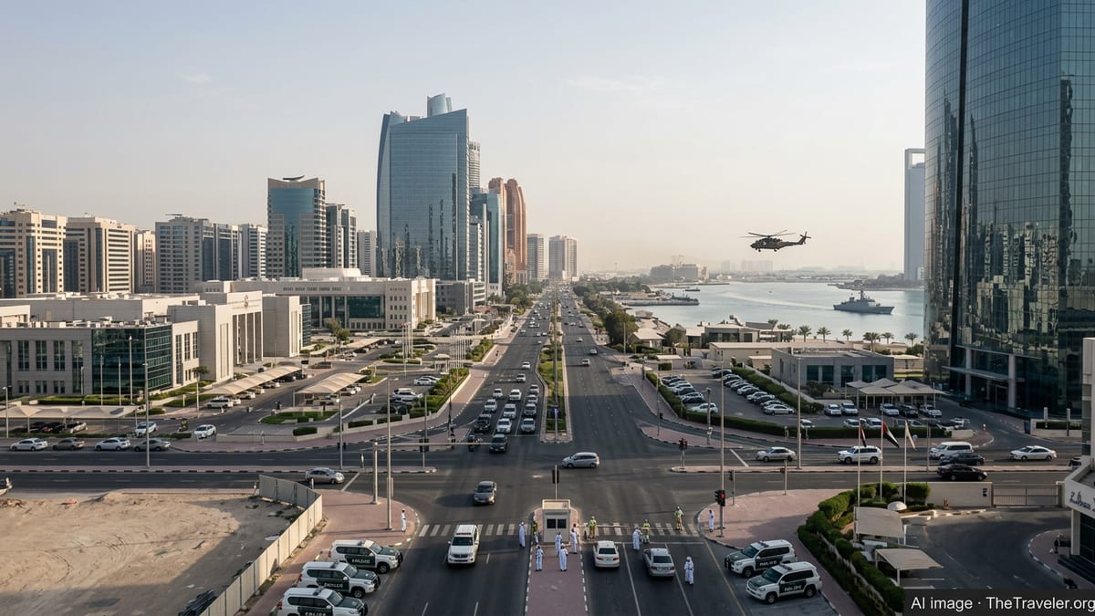 Abu Dhabi skyline with visible security presence along main roads at sunset