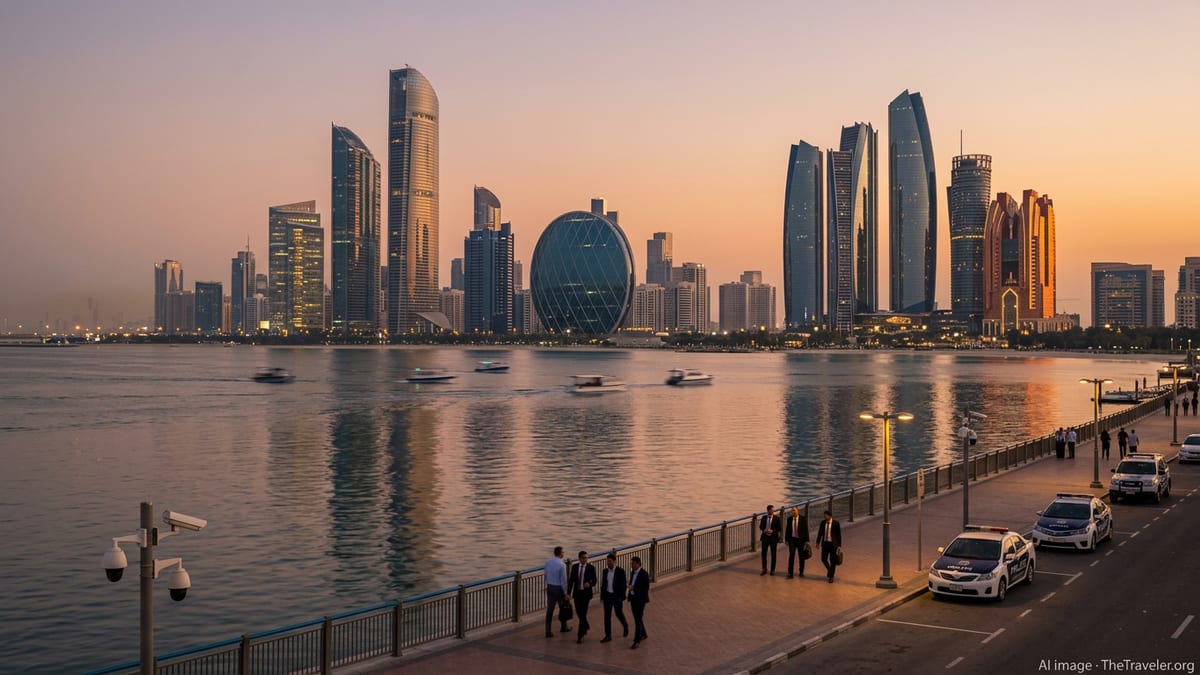 Abu Dhabi skyline at dusk with expatriates walking along a secure waterfront promenade.