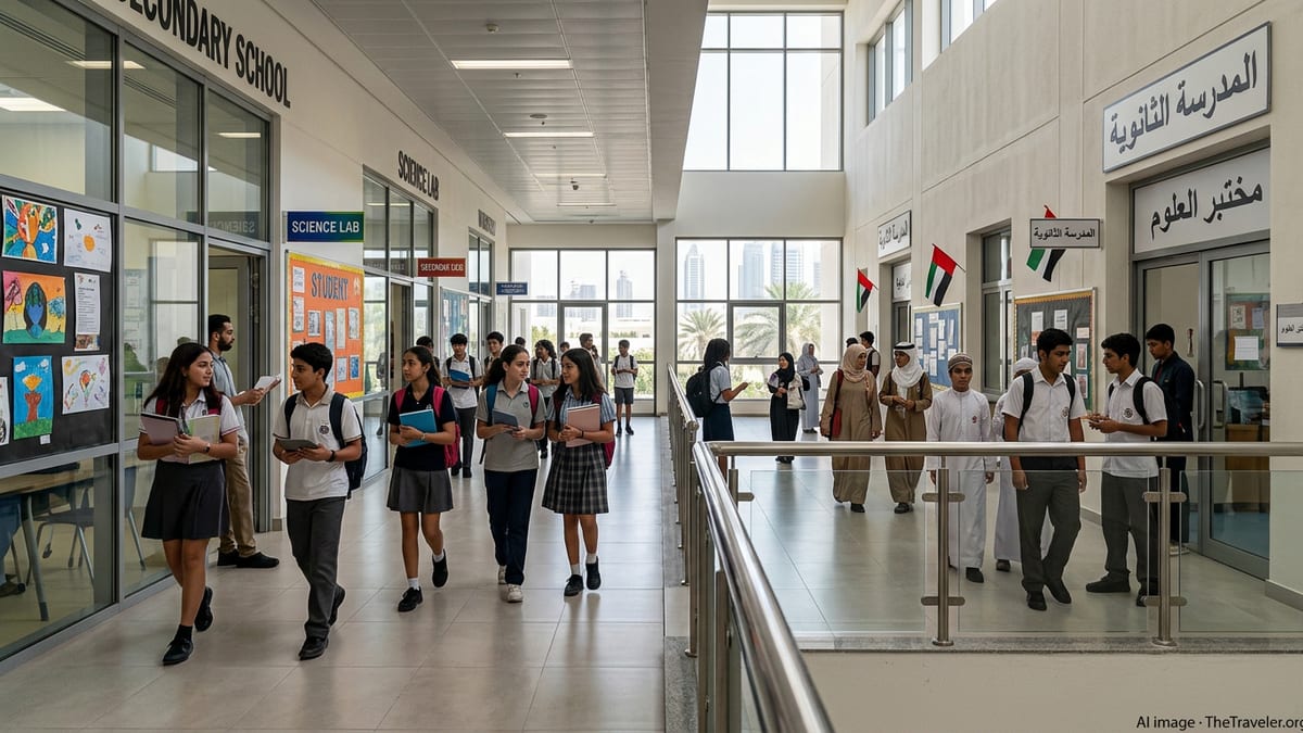 UAE school corridor with expatriate and local students in contrasting public and private wings.