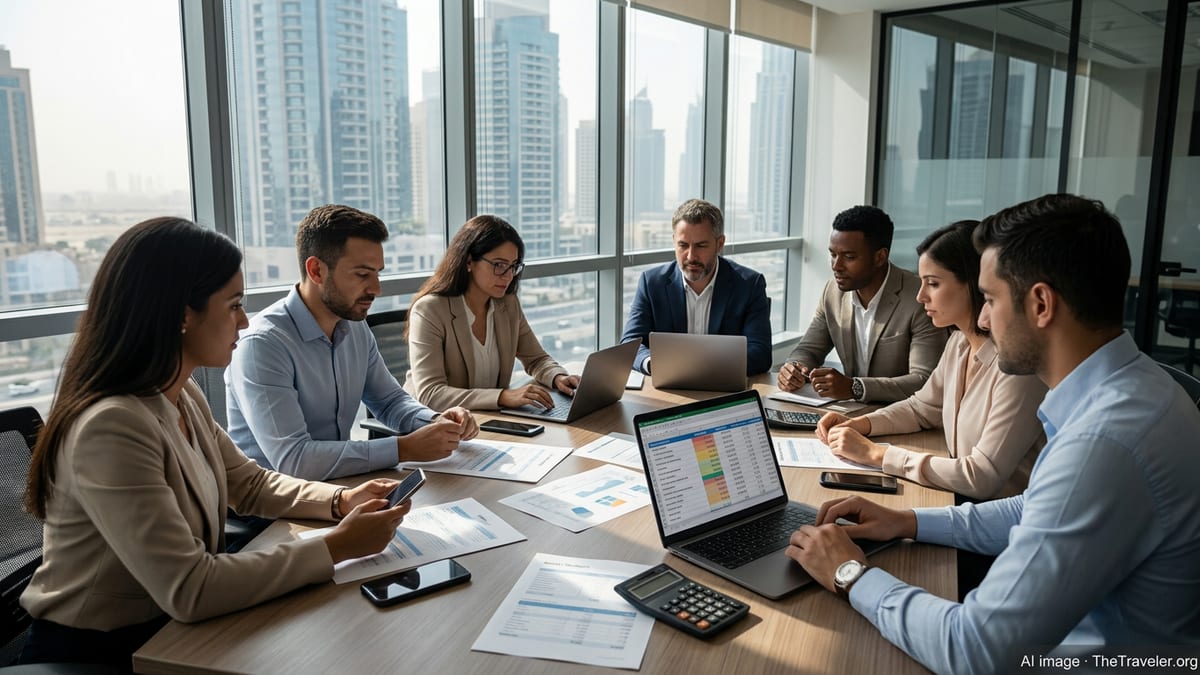 Expats in a Dubai office reviewing relocation budget spreadsheets with city skyline view.