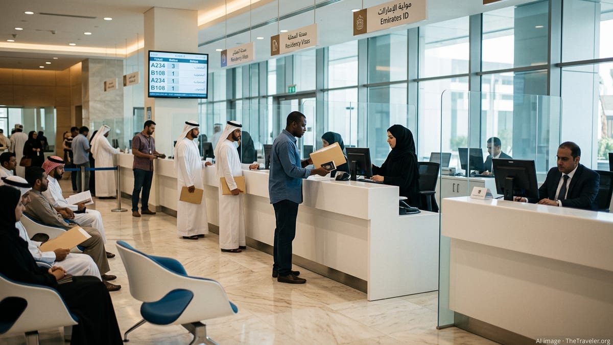 Applicants submitting residency documents at a UAE government visa service center.