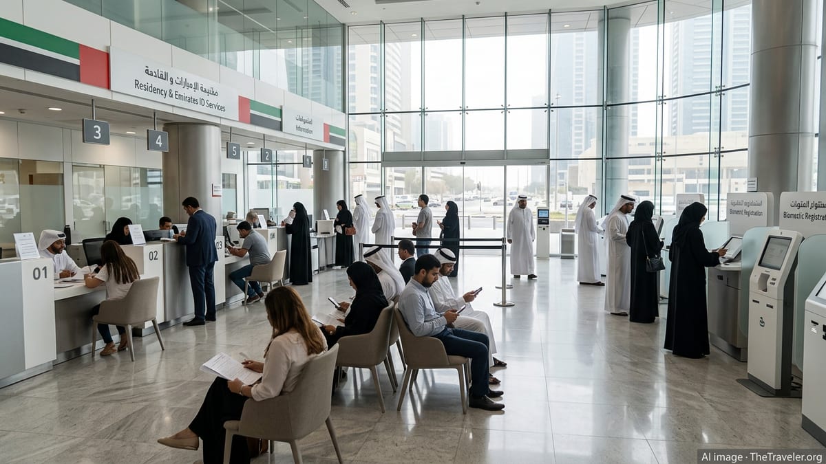 People waiting and registering at a UAE residency service center in Dubai