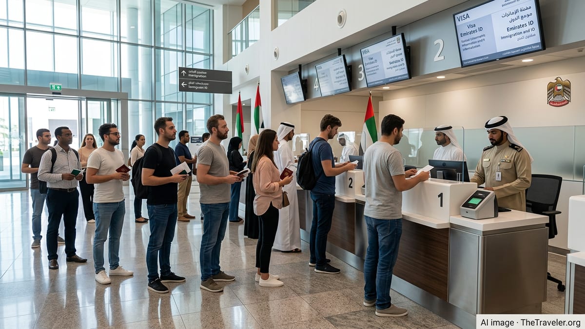 Expats queue inside a modern UAE immigration and ID service center in Dubai.