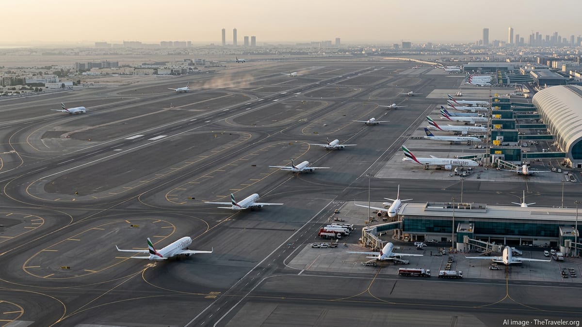 Aerial view of Dubai airport with limited flights using defined safe air corridors at dusk.