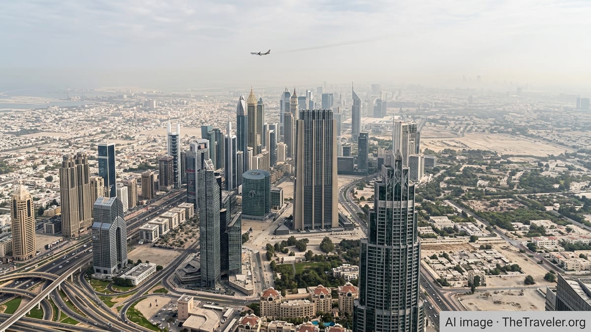 Wide view of Dubai skyline and highways under hazy daylight, suggesting stability amid regional tension.