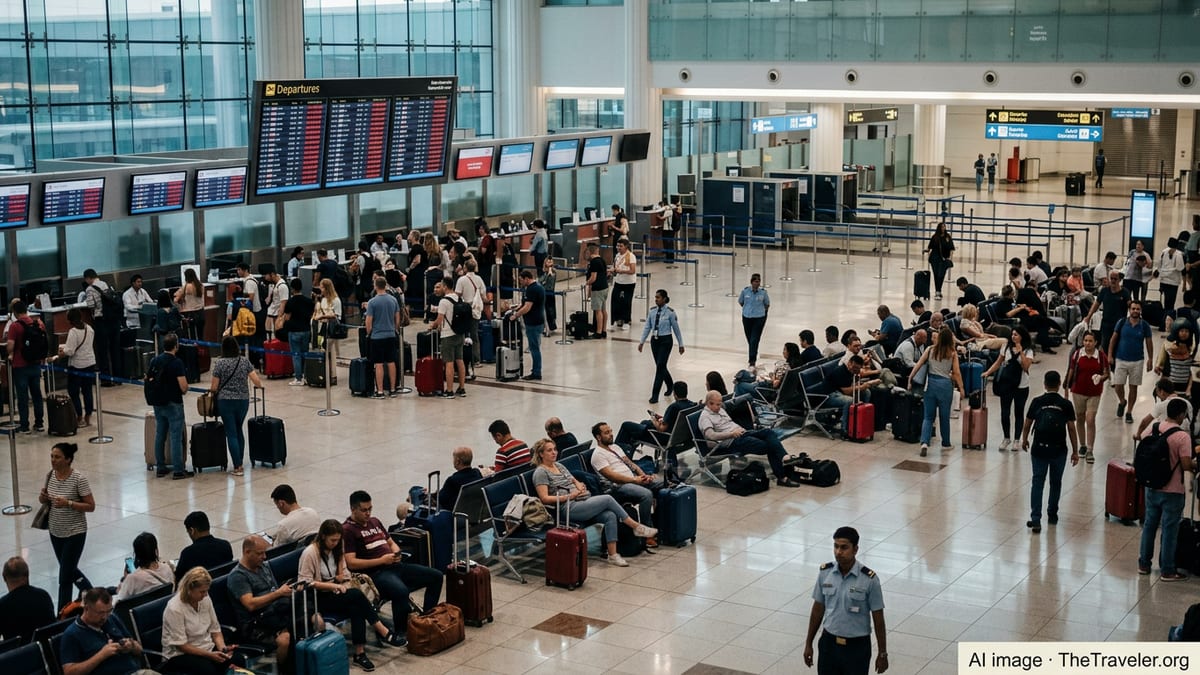 Stranded travelers waiting with luggage in a crowded Dubai airport departures hall.
