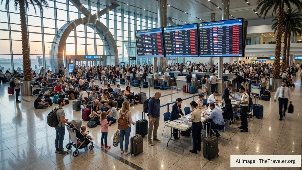 Crowded Dubai International Airport hall with stranded travelers waiting under departure boards during widespread flight susp