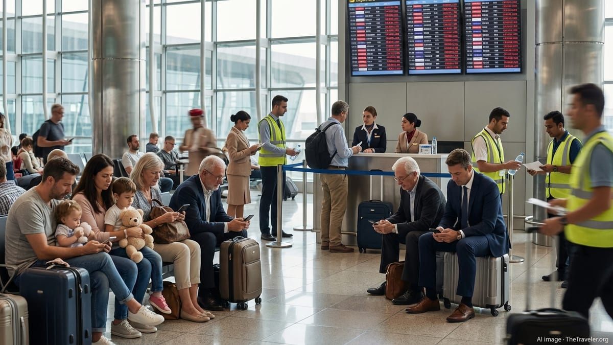 Stranded passengers sit with luggage in a busy UAE airport as staff assist during flight disruptions.