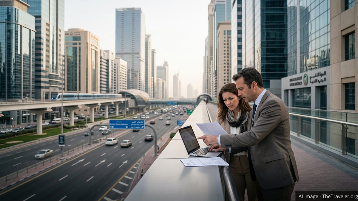 Expat professionals in Dubai financial district reviewing tax documents at sunset.