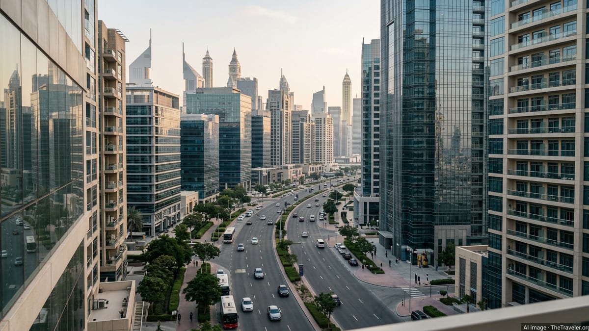 View over Dubai business district from residential balcony on a clear afternoon