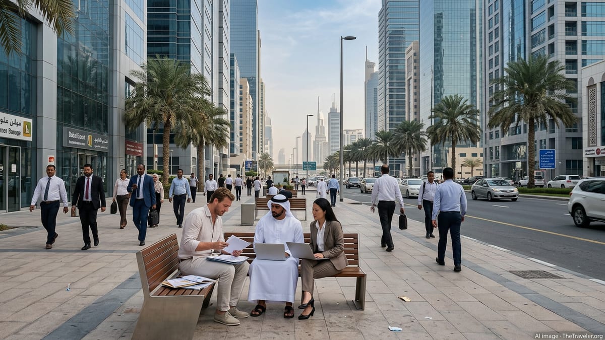 Expatriate professionals walking and working in a modern Dubai business district.