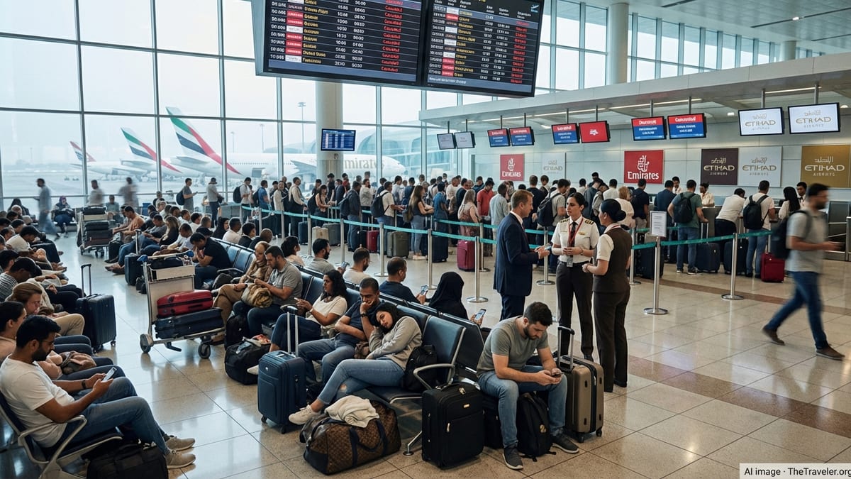 Stranded passengers crowd Dubai International Airport as flights are cancelled.