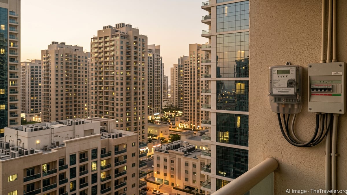 Dubai residential towers at dusk with electricity meter in foreground.