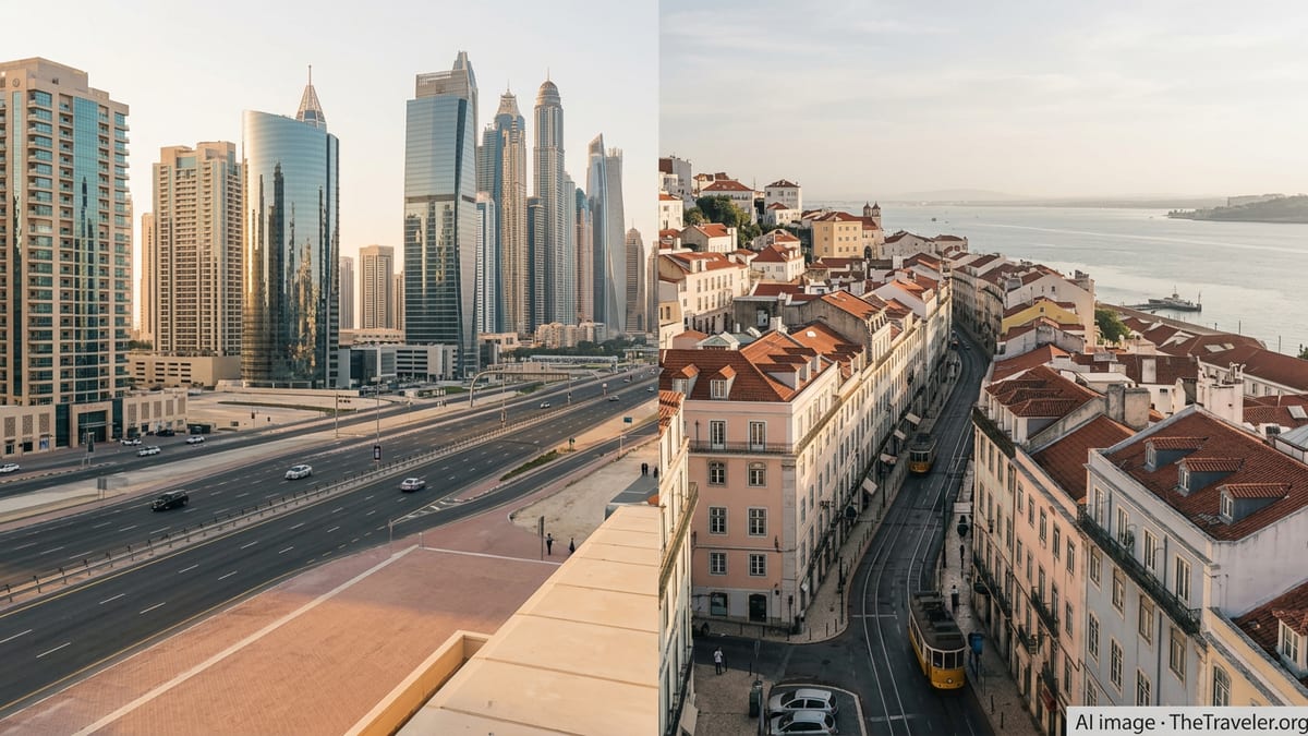 Panoramic view contrasting modern UAE skyline with traditional Portuguese riverside city at sunrise.