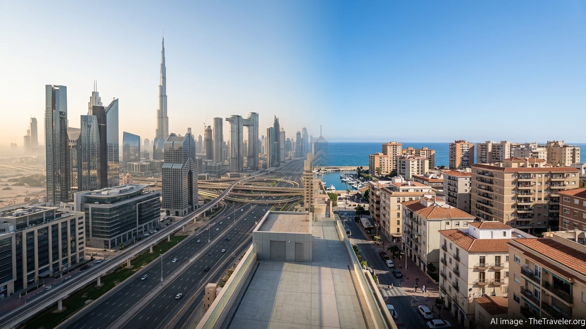 Panoramic sunrise view contrasting Dubai’s modern skyline with a Spanish coastal city’s historic waterfront.