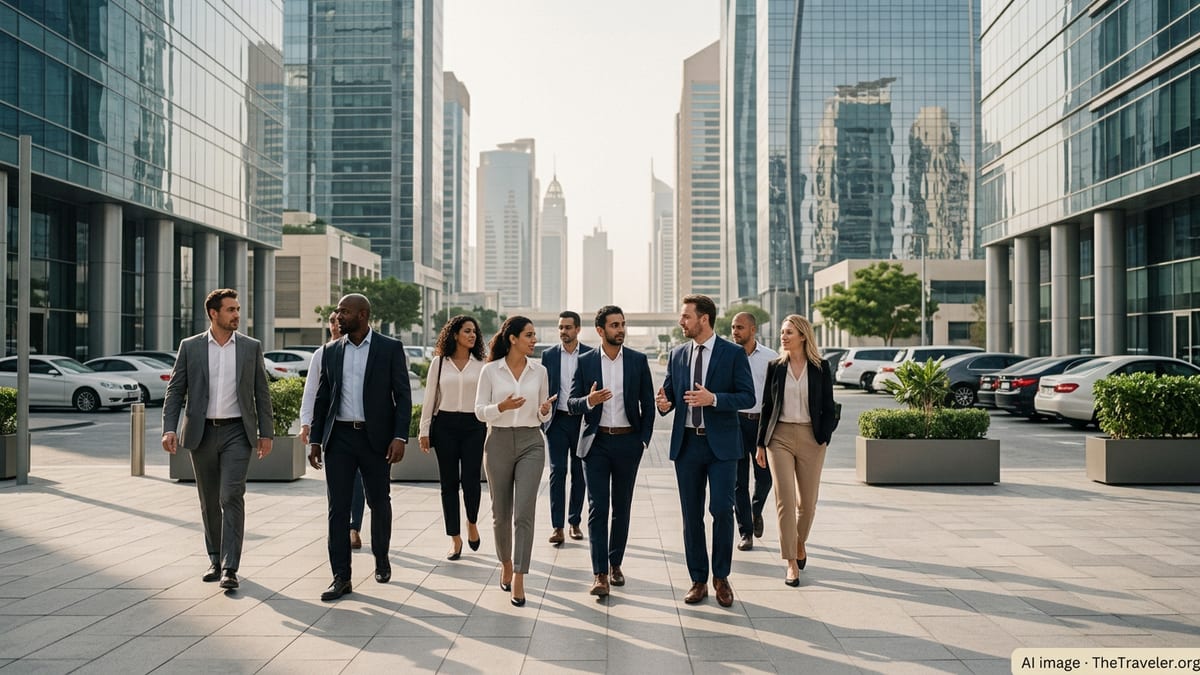 Expat professionals walking outside modern glass office towers in Dubai’s business district.