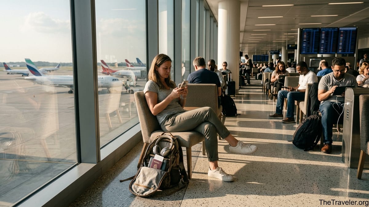 Traveler using phone with eSIM settings open in a bright airport lounge.
