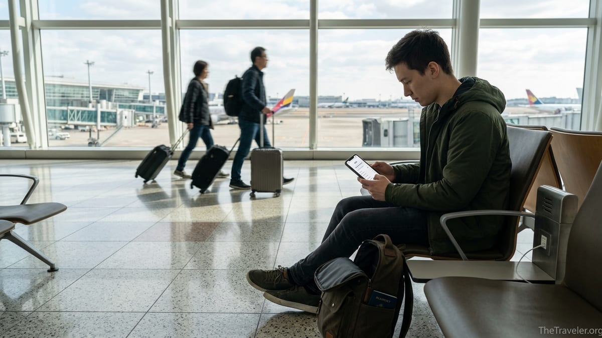 Traveler in an airport terminal setting up an eSIM on their smartphone.