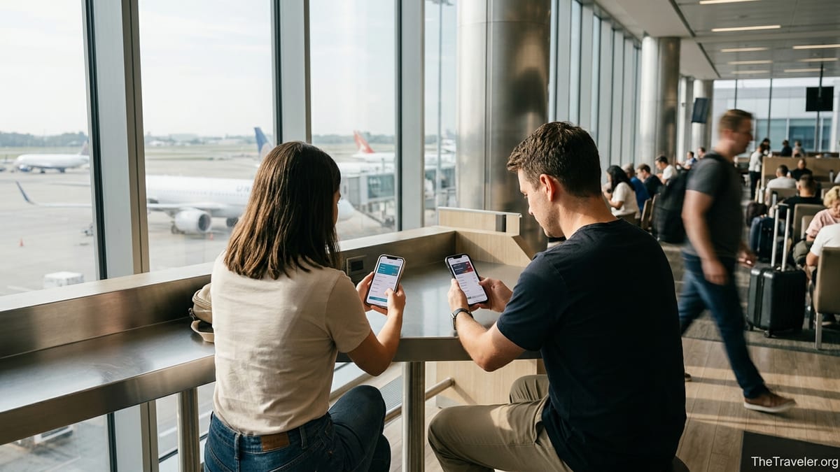Two travelers in an airport lounge comparing eSIM apps on their phones by large windows.