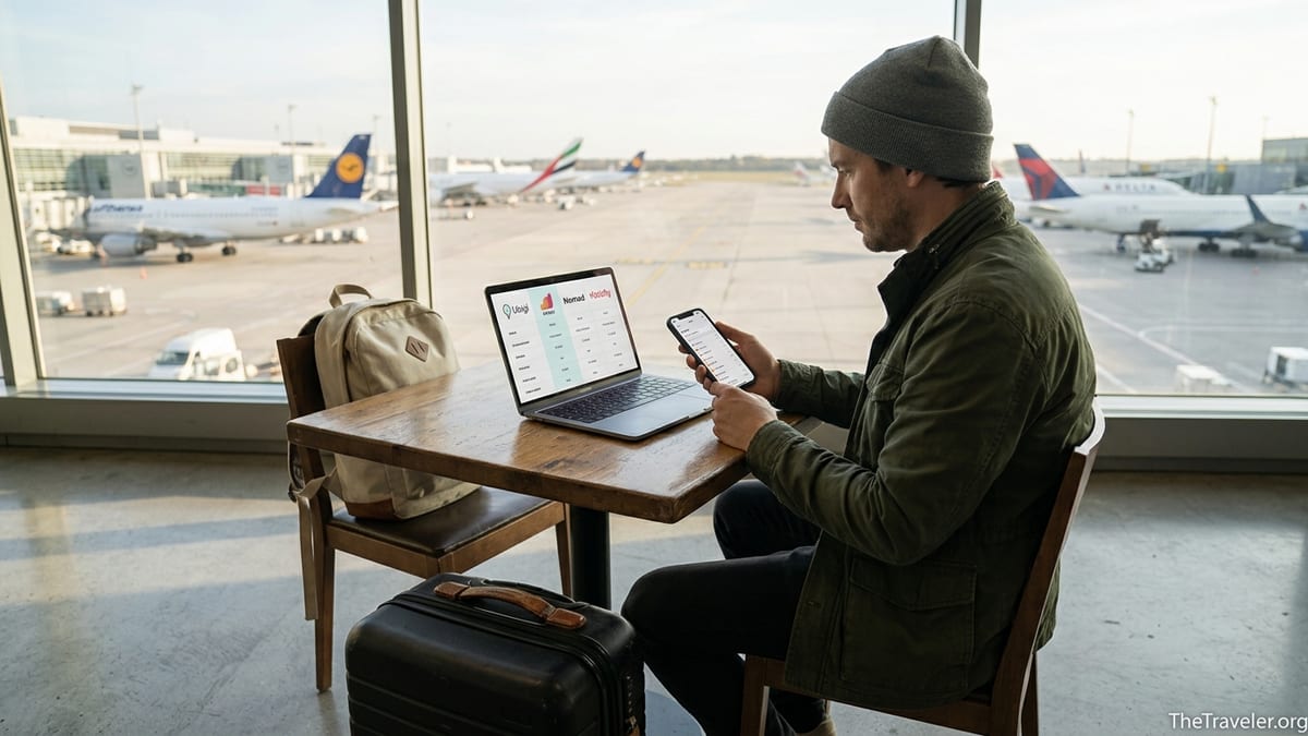 Traveler comparing Ubigi and other eSIM providers on phone and laptop in an airport lounge.