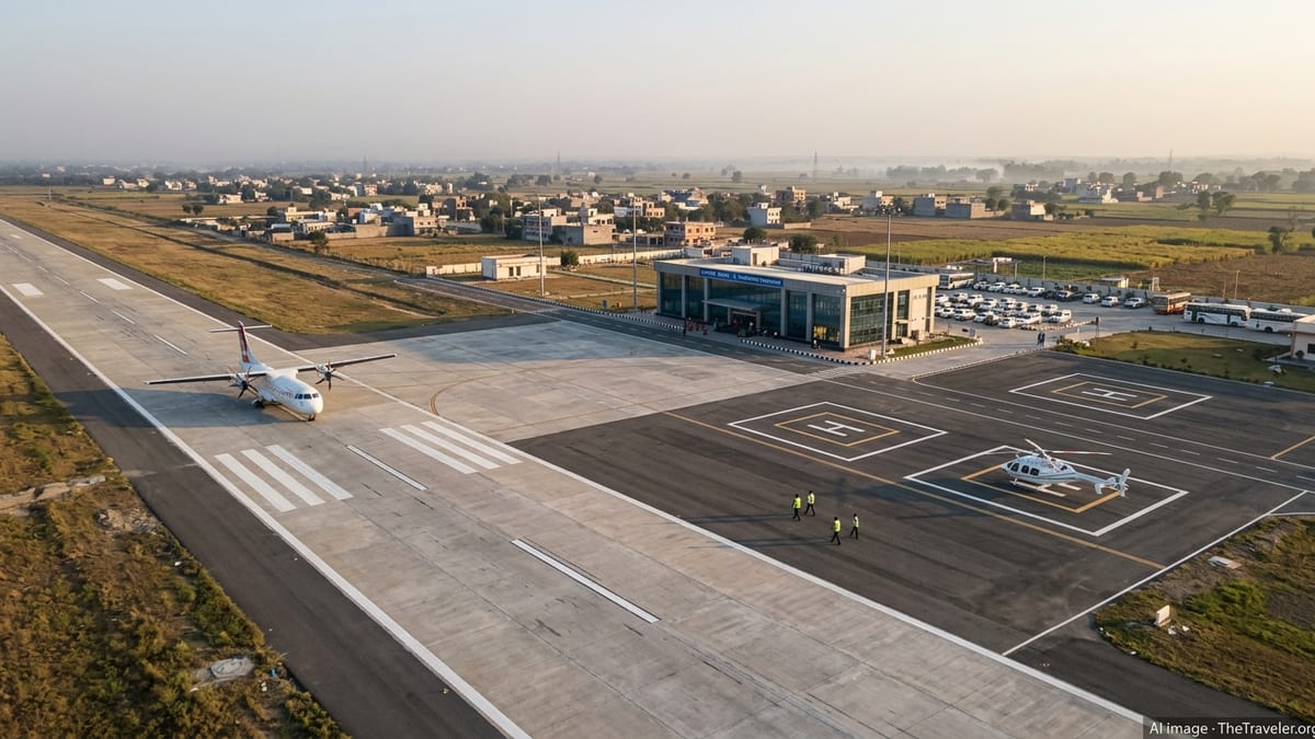 Aerial view of a small Indian regional airport with a turboprop plane and nearby helipads at sunset.