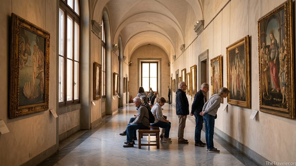 Visitors quietly study Renaissance paintings in a sunlit corridor of the Uffizi Gallery in Florence.