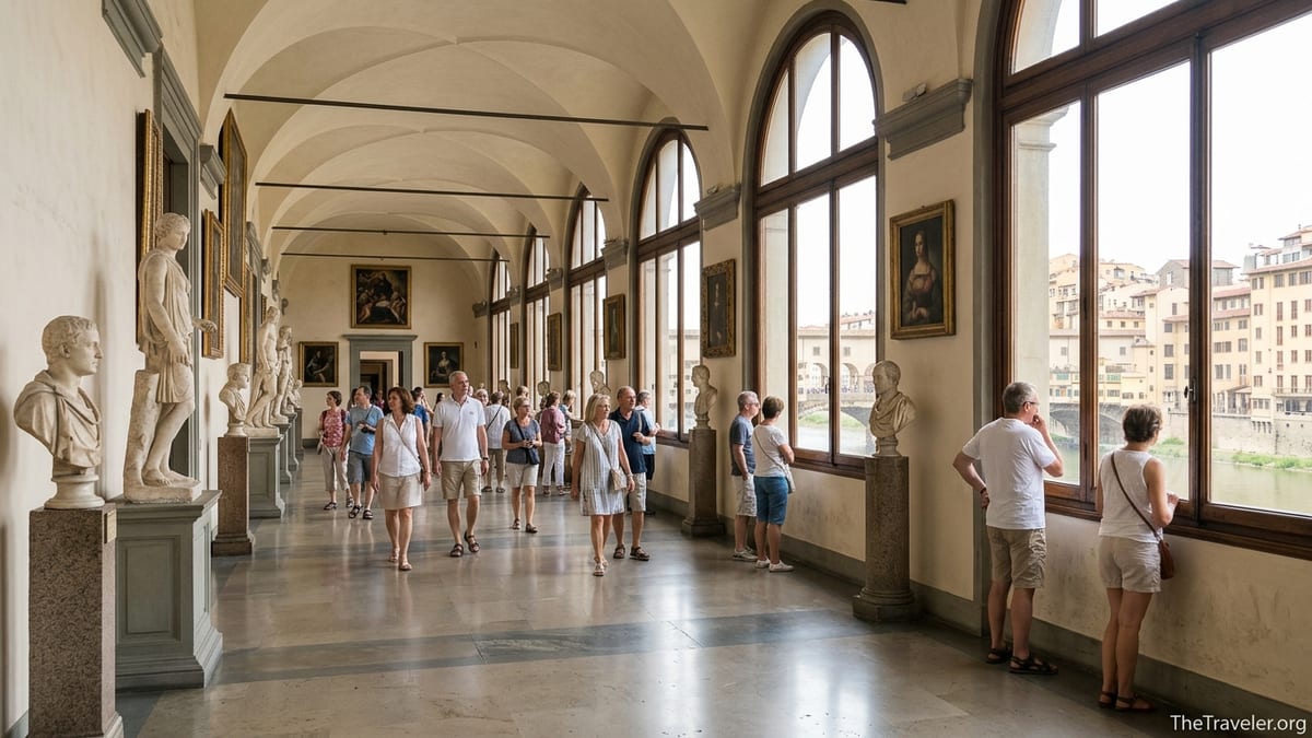 Visitors walk through a sunlit corridor of Florence’s Uffizi Gallery, lined with statues and Renaissance paintings.