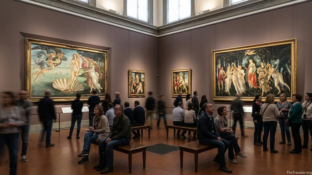 Visitors viewing Botticelli masterpieces in the newly redesigned rooms of Florence’s Uffizi Gallery.