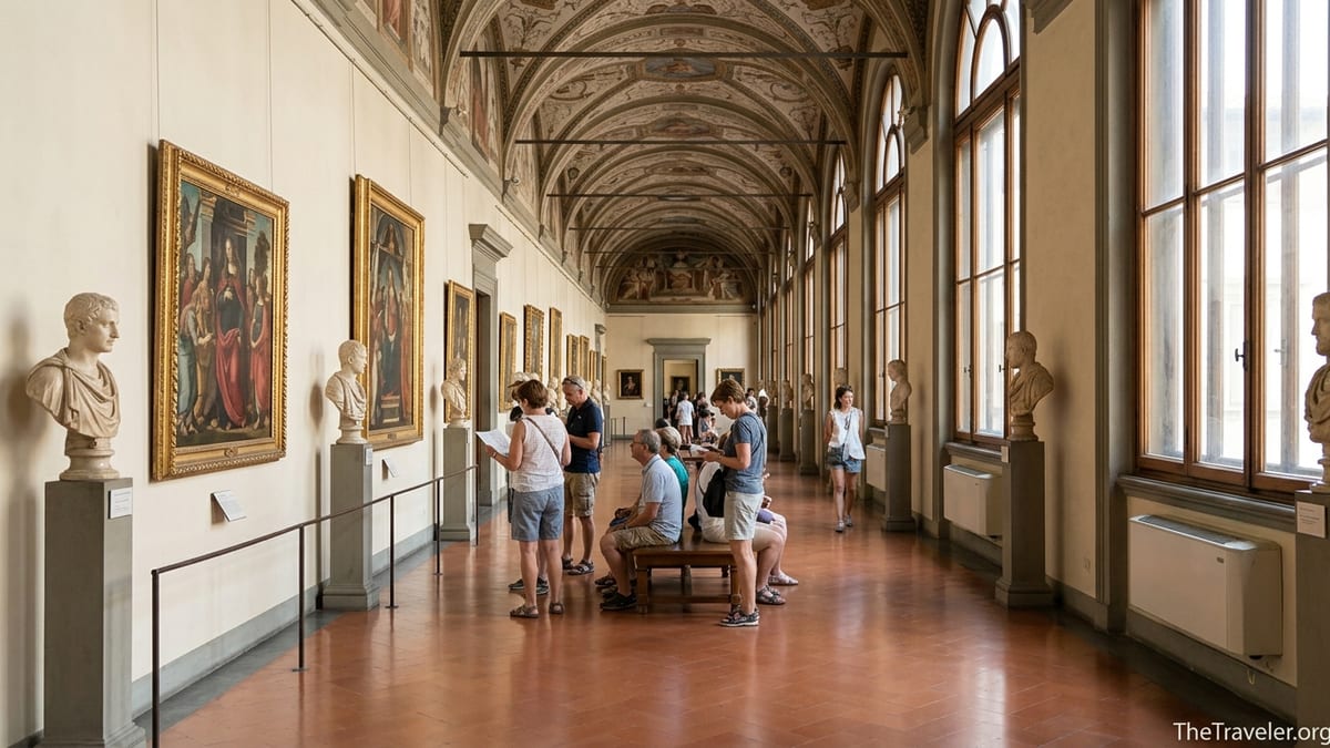 Visitors calmly viewing Renaissance paintings in a sunlit corridor of the Uffizi Gallery in Florence.