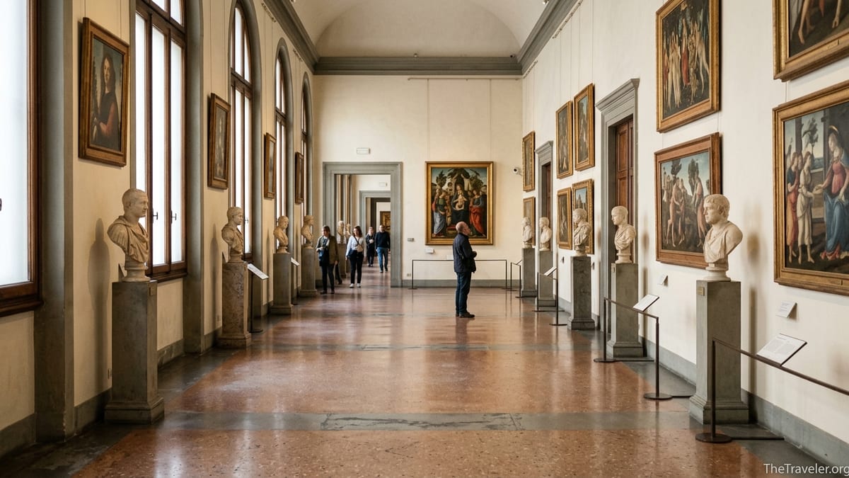 Visitors walking quietly through a sunlit corridor of the Uffizi Gallery in Florence.