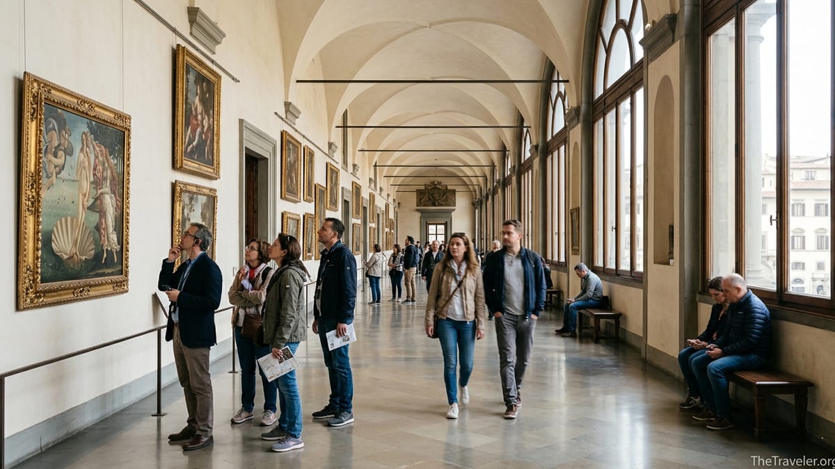 Visitors walk through a light-filled corridor of the Uffizi Gallery in Florence, studying Renaissance paintings.