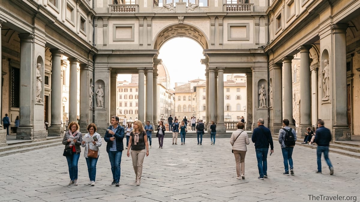 Courtyard of the Uffizi Gallery in Florence with visitors walking under Renaissance arcades.