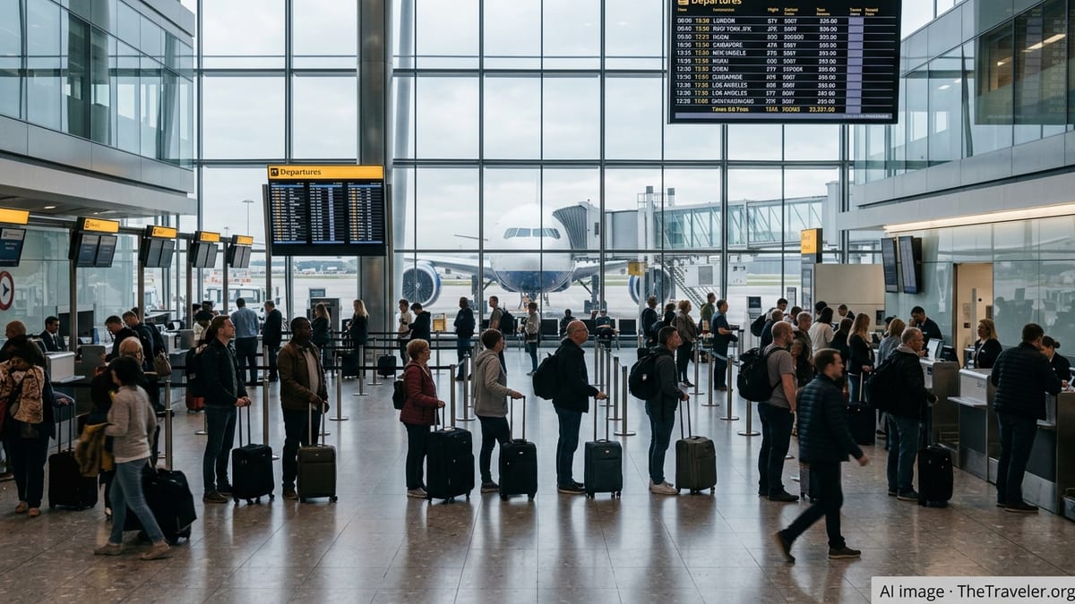Travellers in a busy UK airport departures hall with a long-haul aircraft at the gate.