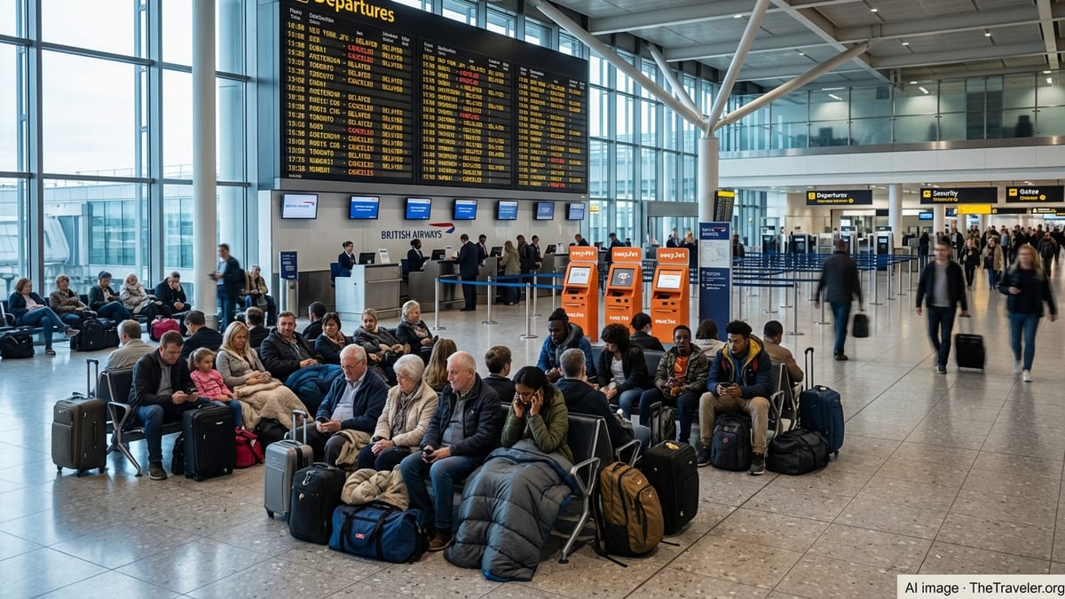 Stranded passengers sit with luggage under a departures board showing multiple delayed UK flights.