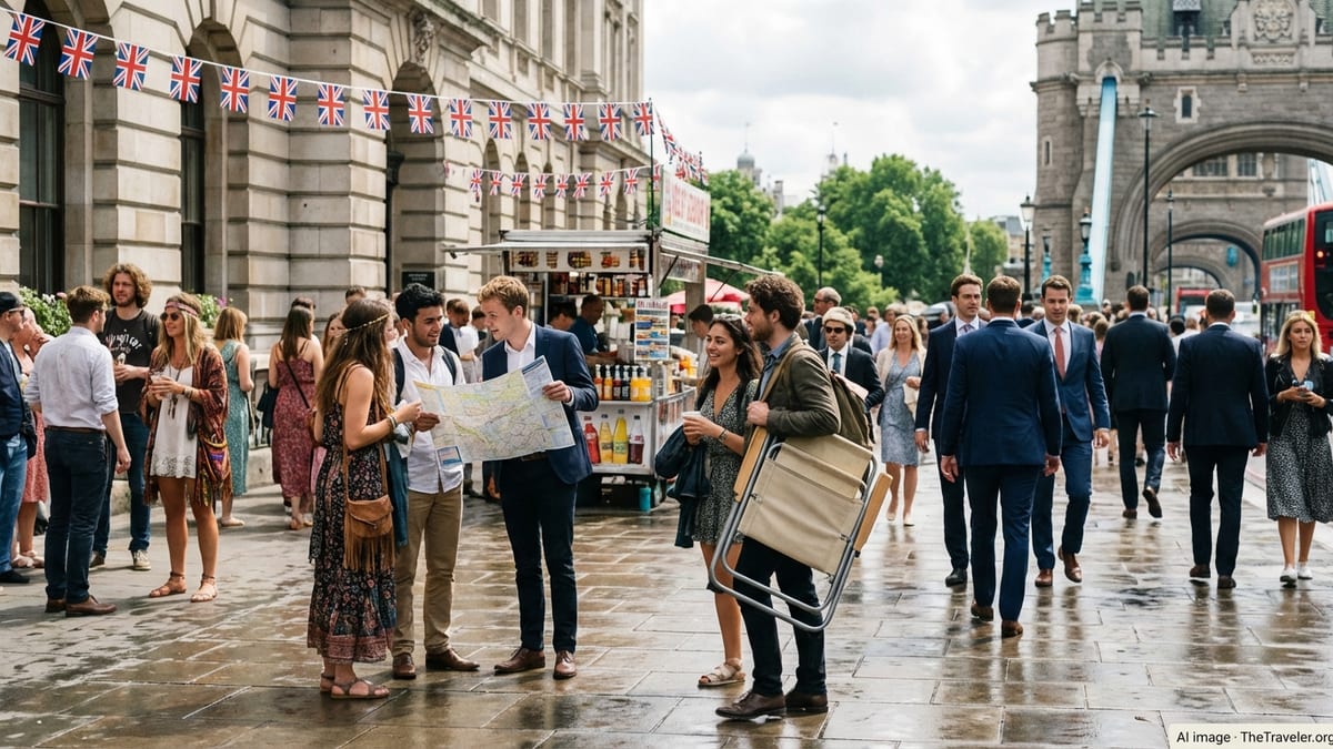 Crowds on a London street during British summer events with bunting overhead.