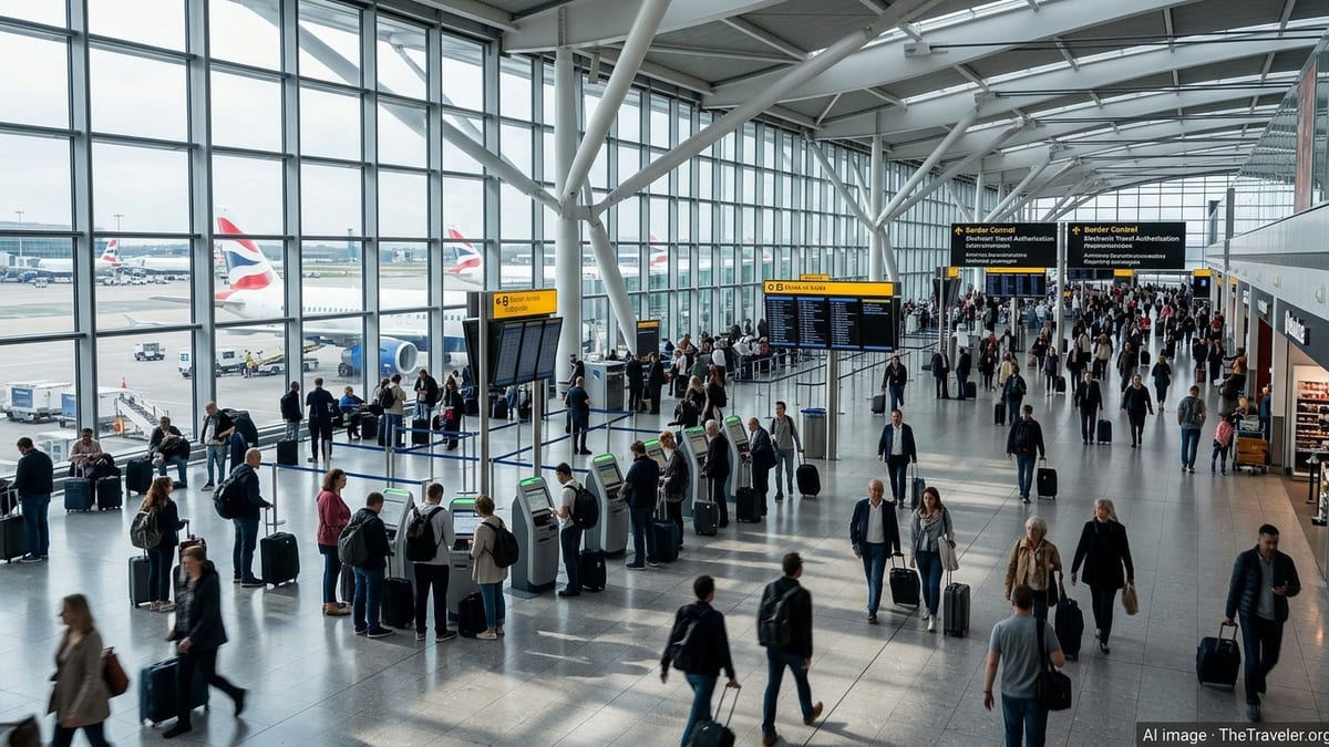 Travellers queue at a busy UK airport terminal with signs referencing electronic travel authorisation.