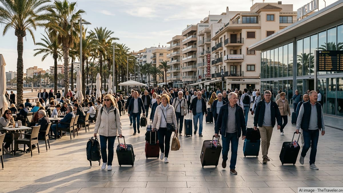 British tourists with suitcases crowd a sunny European seaside promenade near modern beachfront hotels.