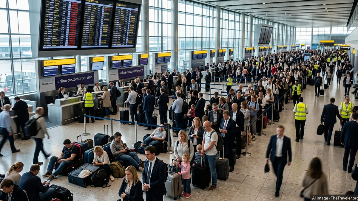 Passengers queue at London airport desks under boards showing multiple flight cancellations.
