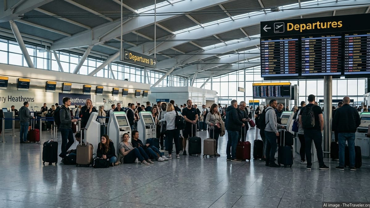 Passengers wait in a crowded UK airport departures hall as multiple international flights show as cancelled on overhead board