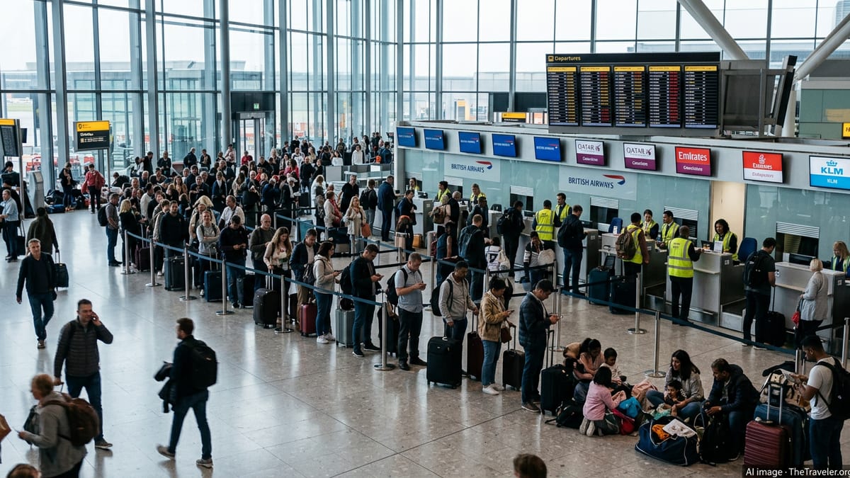 Crowded UK airport departure hall with queues of passengers under boards showing cancelled and delayed flights.