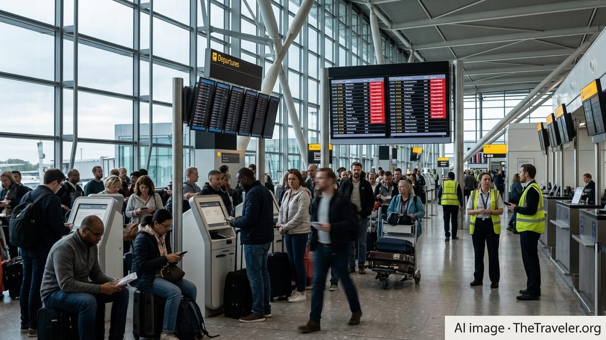 Crowded London airport departures hall with multiple cancelled flights on the departure boards.
