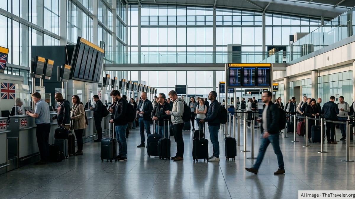 Passengers queue under departure boards at a UK airport as new travel guidance takes effect.