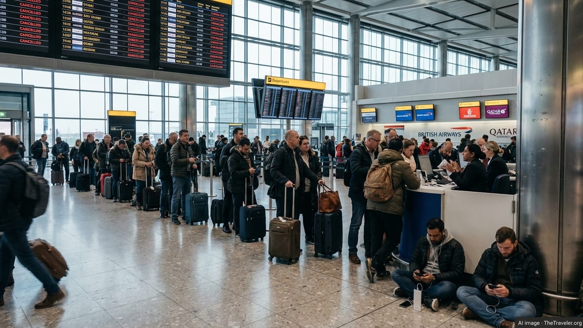 Passengers queue under cancelled Middle East flights display at a busy UK airport terminal.