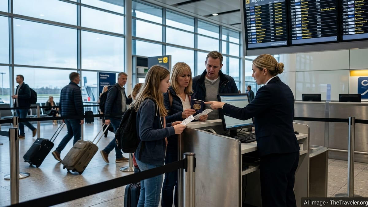 British family at an airport gate being refused boarding due to passport rules.