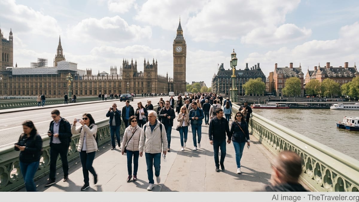 Tourists walking across Westminster Bridge in London on a bright day with Big Ben in the background.