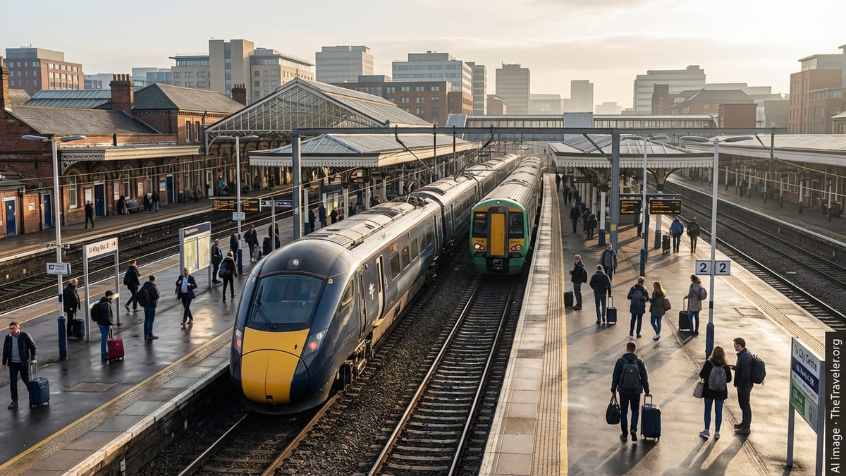 Busy UK city railway station at golden hour with modern trains and passengers on platforms