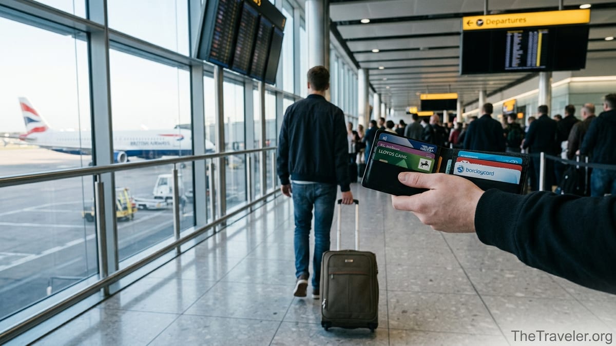 Traveller at Heathrow departures holding UK bank cards and suitcase before an international flight.